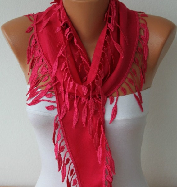 Hot Pink  Scarf - Pashmina Scarf  -  Cowl Scarf  with Lace Edge - - fatwoman