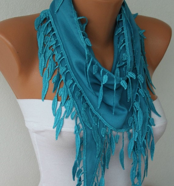 Pashmina Scarf  -  Cowl with Lace Edge - Dodger Blue Scarf