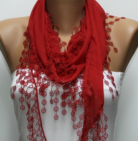 Red Scarf  - Cotton  Scarf -  Cowl with Lace Edge   -