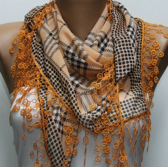 Plaid  Scarf -  Cotton Scarf  Cowl with  Lace Edge