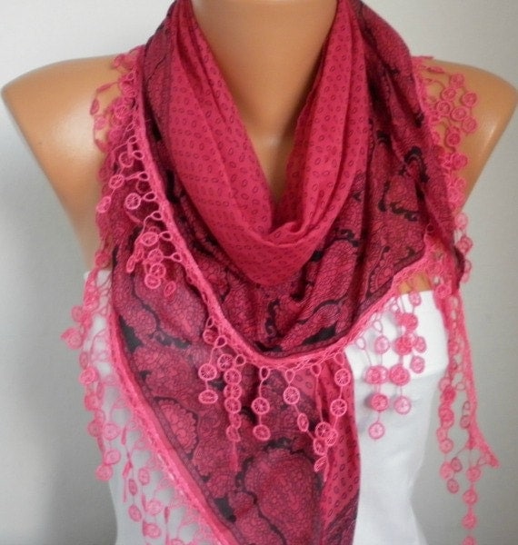 Scarf Shawl - Cotton Weddings Scarves - Cowl with Lace Edge - Ruby