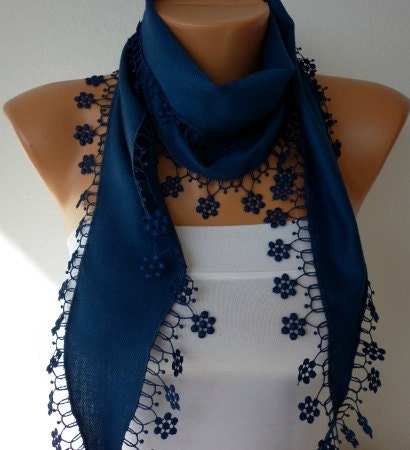 Navy  Blue Scarf   Pashmina  Scarf   Cowl Scarf with Lace Edge   - Necklace Scarf