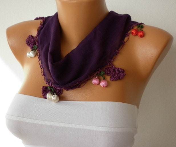 Dark Purple Scarf ,Cotton Scarf Woman Cowl with Lace Edge -