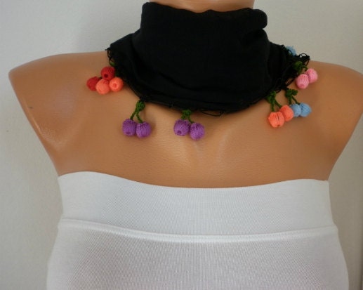 Black Scarf Cotton Scarf Cowl with Lace Edge Gift