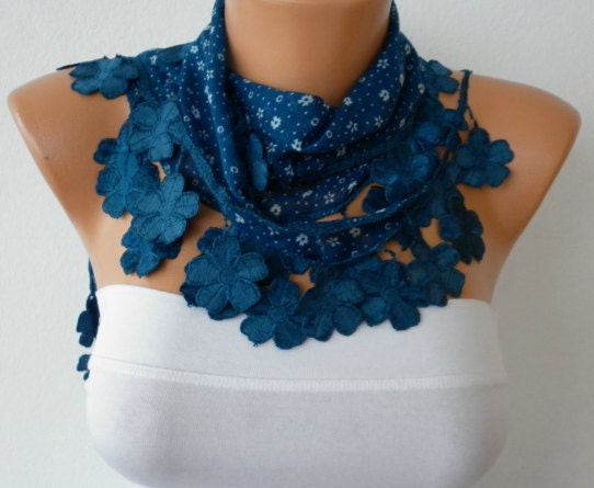 Blue Scarf Cotton Scarf with Lace Edge Multicolor Gift for Her - bridesmaid gift - fatwoman