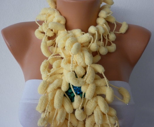 Light Yellow Knit Scarf - Women Scarves - Knitting Cowl - Crochet Scarf - Pompom - Light Yellow