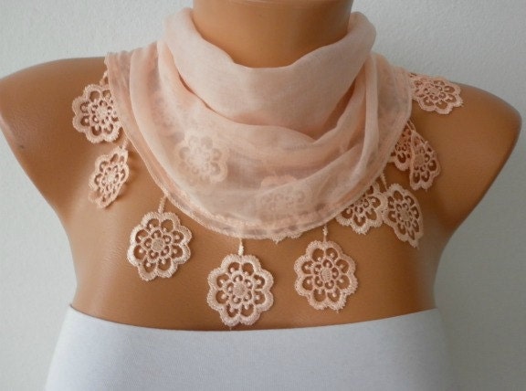 Salmon Scarf - Cotton Scarf - Cowl with Lace Edge -