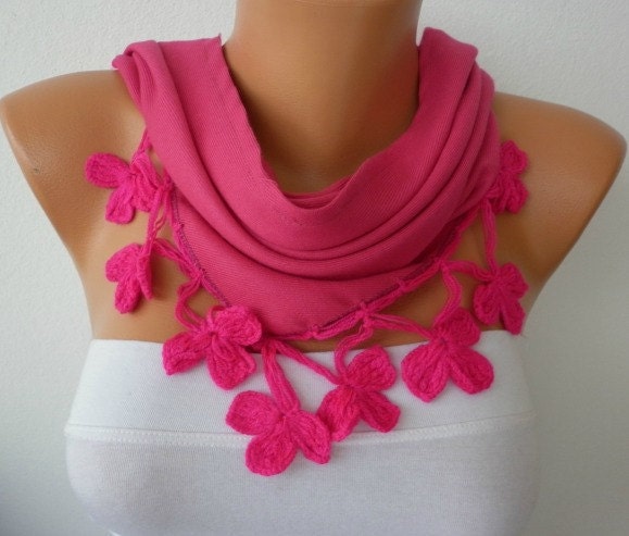 Pashmina  Scarf  - Cotton Scarf - Headband - Cowl with Lace  - Pink