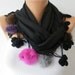 Black Scarf - Pashmina Scarf - Cotton Scarf - - Cowl with Lace and Pompom Edge - Black ///