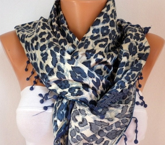 Leopard Women Scarf - Cowl with Lace - Air Force Blue