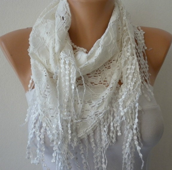 White Scarf - Headband Necklace Cowl with Lace Edge - Creamy white