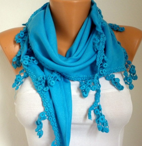 Women Pashmina Scarf - Cotton Scarf - - Cowl with Lace Edge - turquoise blue - fatwoman