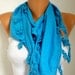 Women Pashmina Scarf - Cotton Scarf - - Cowl with Lace Edge - turquoise blue - fatwoman