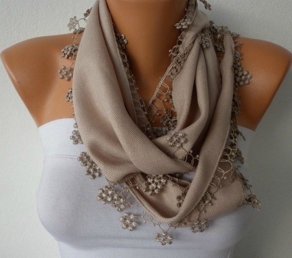 Beige Scarf - Pashmina Scarf - Cowl with Lace Edge