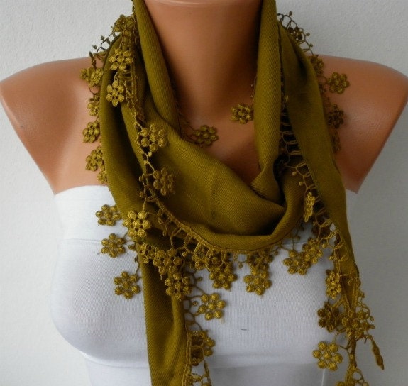 Olive Green Scarf -  Pashmina Scarf  -  Cowl with Lace Edge