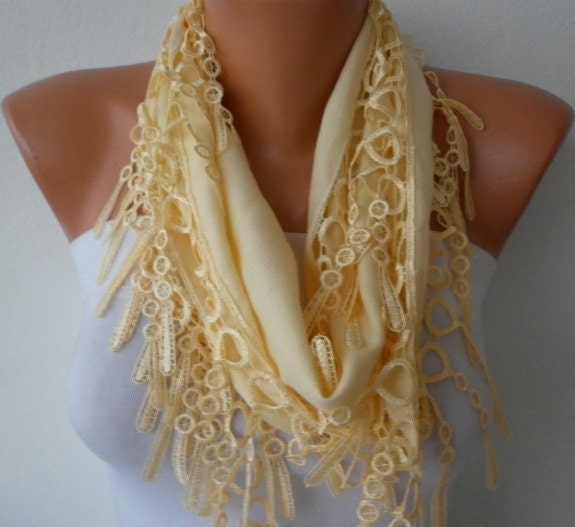 Light Yellow Scarf -  Pashmina Scarf  - Cowl Scarf with Lace Edge - fatwoman