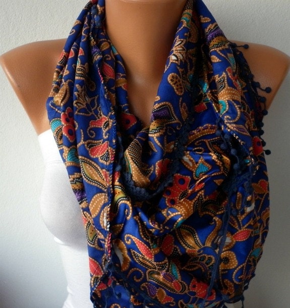 BIG SALE Blue Paisley Scarf - Floral Scarf - Shawl Scarf - Women Scarf - Cowl with Lace - Multicolor