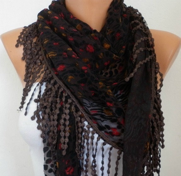 Red Black Scarf -  Shawl Scarf -  Cowl Scarf with Fringe - fatwoman