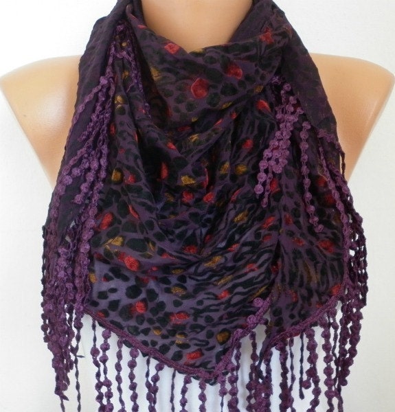Purple Black Scarf - Cowl with Lace Edge