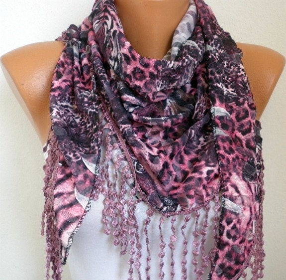 Pink Leopard Scarf -  Cowl  Scarf with Lace Edge - fatwoman