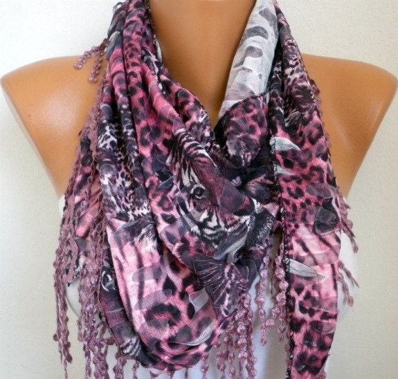 Pink Leopard Scarf -  Cowl  Scarf with Lace Edge - fatwoman