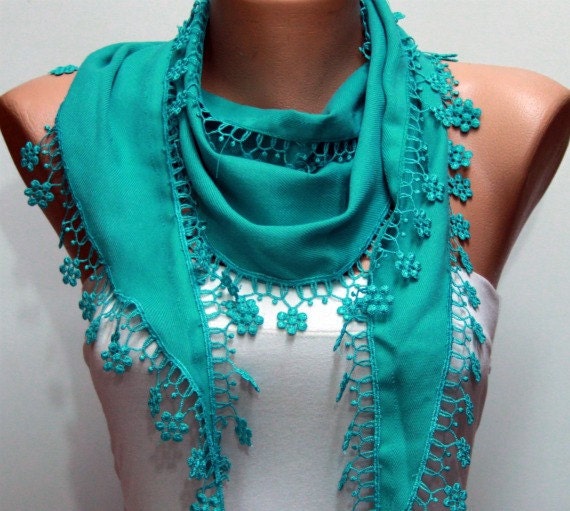 Teal Scarf - Pashmina Scarf - Cowl with Lace Edge