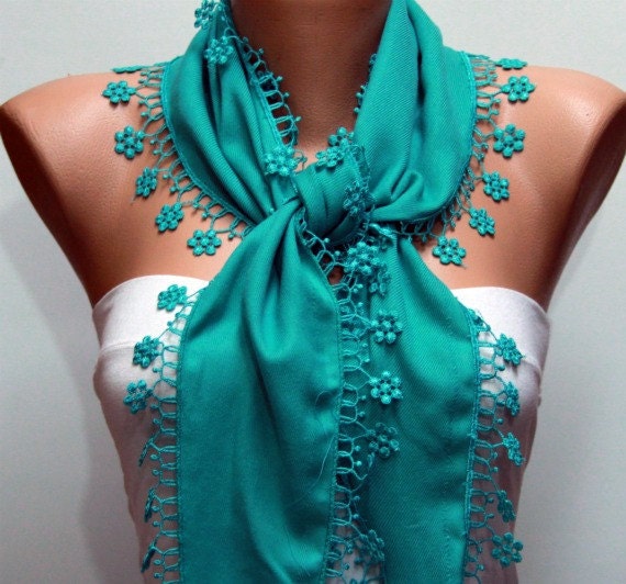 Teal Scarf - Pashmina Scarf - Cowl with Lace Edge