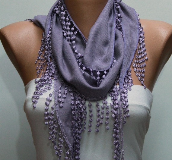 Lilac Scarf   Pashmina Scarf  Headband Necklace Cowl with Lace Edge Gift for Her Valentine
