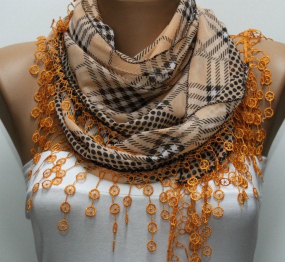 Plaid  Scarf -  Cotton Scarf  Cowl with  Lace Edge