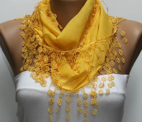 Yellow Scarf - Cotton Scarf - Cowl with Lace Edge -