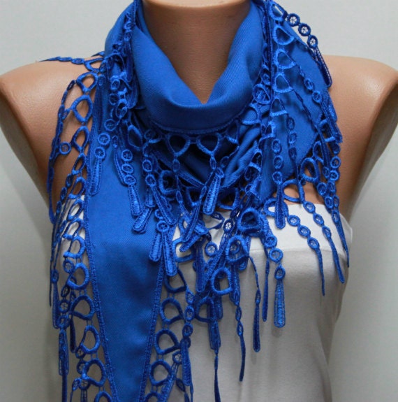 Blue Scarf  -  Pashmina Scarf  -  Cowl Scarf with Lace Edge - bridesmaid Gift - fatwoman