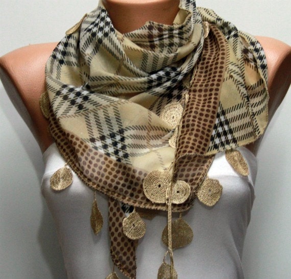 Plaid  Scarf -  Cotton Scarf  Cowl Scarf with  Lace Edge - fatwoman