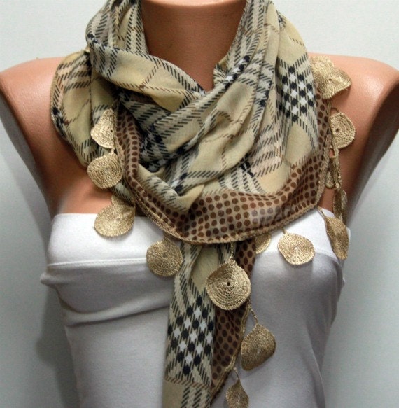 Plaid  Scarf -  Cotton Scarf  Cowl Scarf with  Lace Edge - fatwoman
