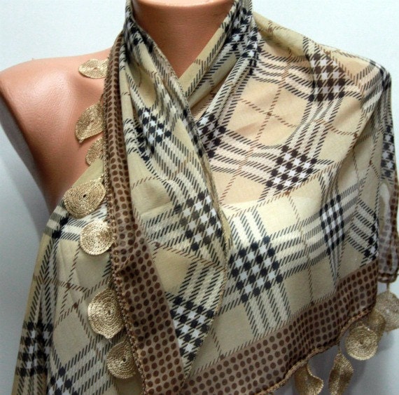 Plaid  Scarf -  Cotton Scarf  Cowl Scarf with  Lace Edge - fatwoman