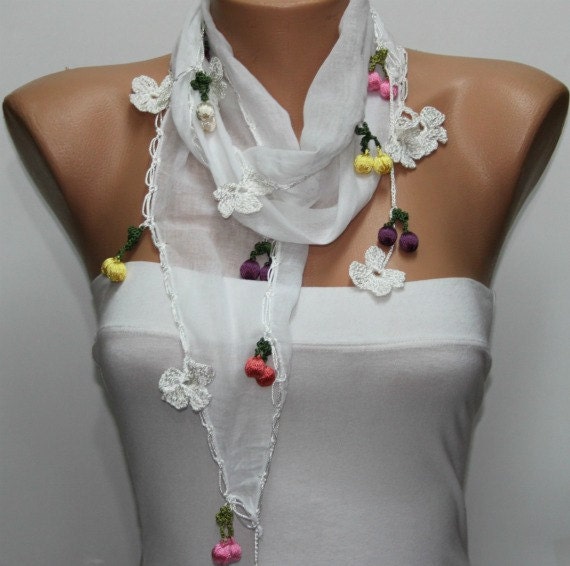 White  Scarf ,Cotton Scarf  Woman Cowl Scarf - fatwoman bridesmaid gift with Lace Edge - Bridal