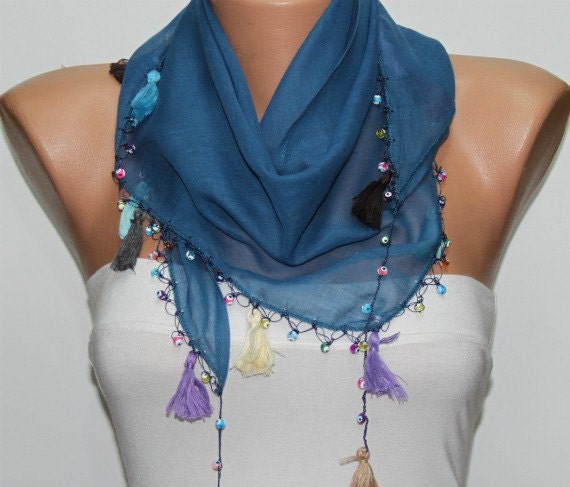Blue Scarf ,Cotton Scarf  Woman  Cowl with Lace Edge -