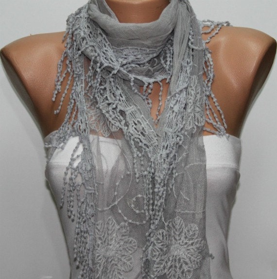 Gray Shawl Scarf -  Cowl with Lace Edge bridesmaid gift - fatwoman
