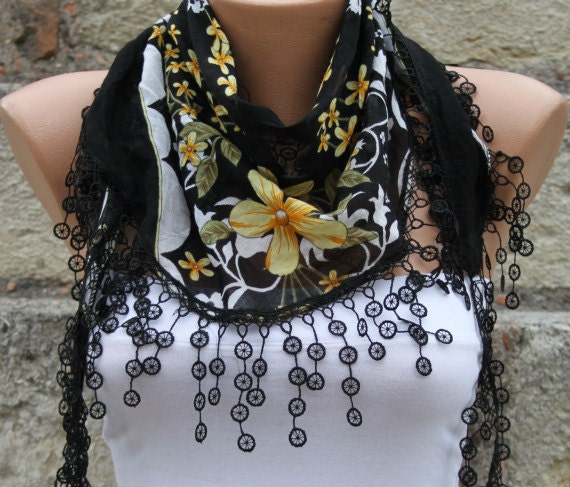 Black Scarf - Cotton Scarf - Cowl Scarf with Lace Edge - fatwoman