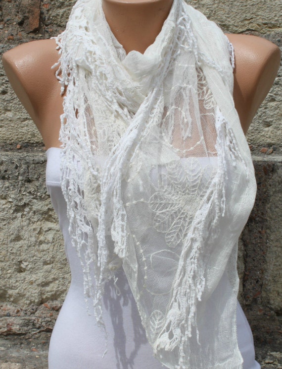 Creamy White Shawl Scarf -  Cowl  Scarf - fatwoman bridesmaid gift with Lace Edge Lace Shawl Lace Scarf