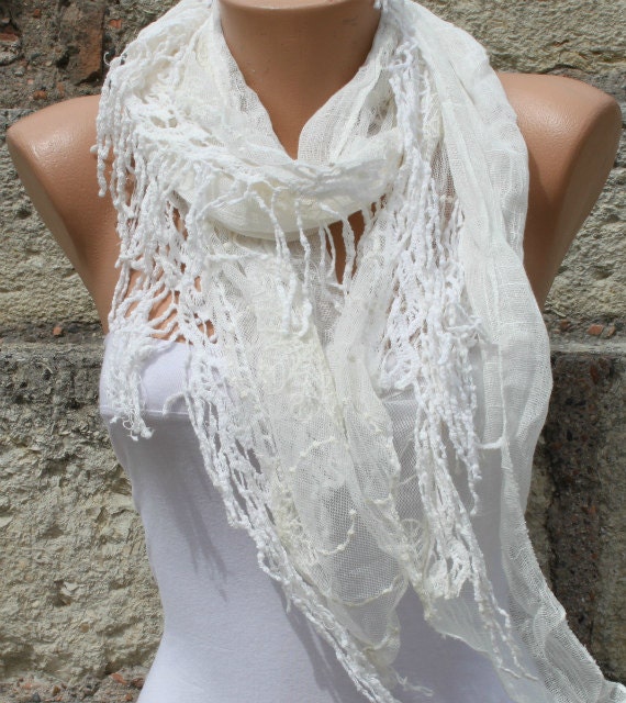 Creamy White Shawl Scarf -  Cowl  Scarf - fatwoman bridesmaid gift with Lace Edge Lace Shawl Lace Scarf