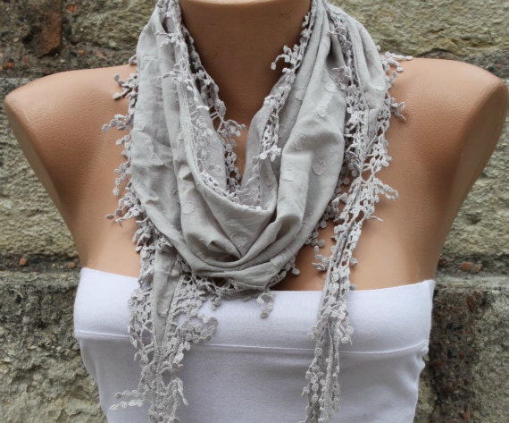 Gray Scarf  - Cotton  Scarf -  Cowl with Lace Edge   -