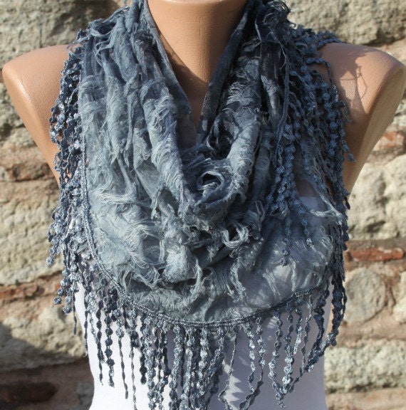 Gray Scarf - Cowl with Lace Edge by Fatwoman