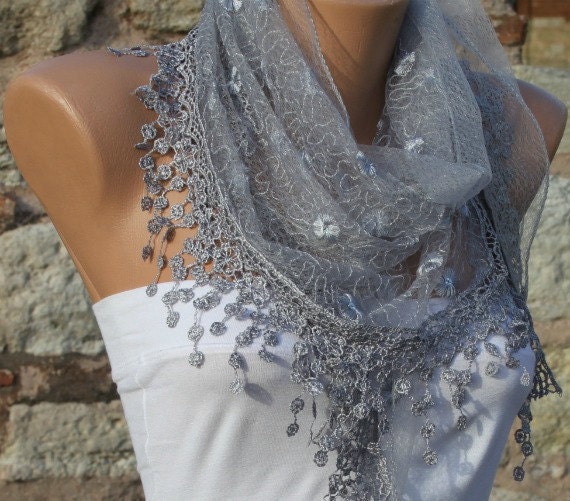 Gray  Lace Scarf Shawl Scarf -  Cowl Scarf with lace edge - fatwoman