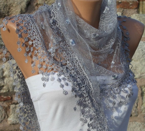 Gray  Lace Scarf Shawl Scarf -  Cowl Scarf with lace edge - fatwoman