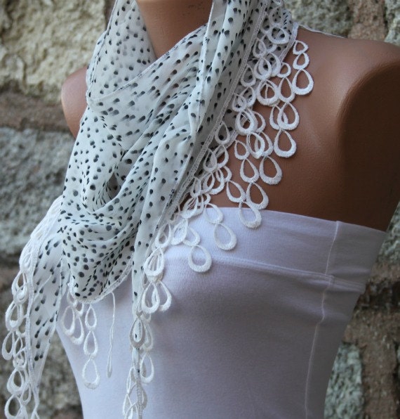 Polka Dot Scarf - Shawl - Cowl with Lace Edge White - fatwoman - Bridesmaids Gifts