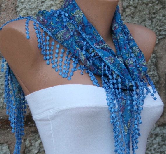 Blue Scarf - Cowl with Lace Edge