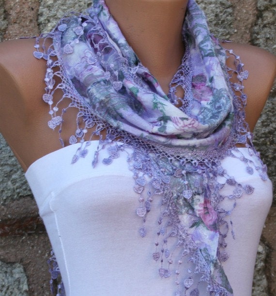 Multicolor Scarf - Cotton Scarf - Cowl with Lace Edge - Lilac - fatwoman - Bridesmaids Gifts