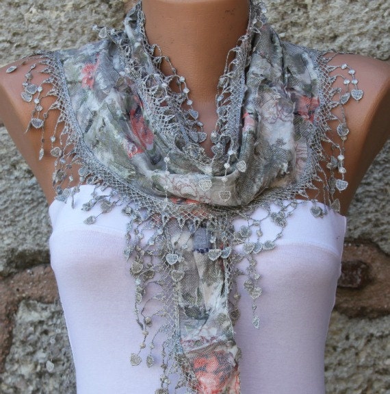 Multicolor Shawl - Cotton Scarf - Cowl with Lace Edge Gray - fatwoman - Bridesmaids Gifts