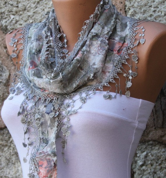 Multicolor Shawl - Cotton Scarf - Cowl with Lace Edge Gray - fatwoman - Bridesmaids Gifts