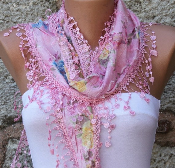 Multicolor Scarf  - Cotton  Scarf -  Cowl with Lace Edge